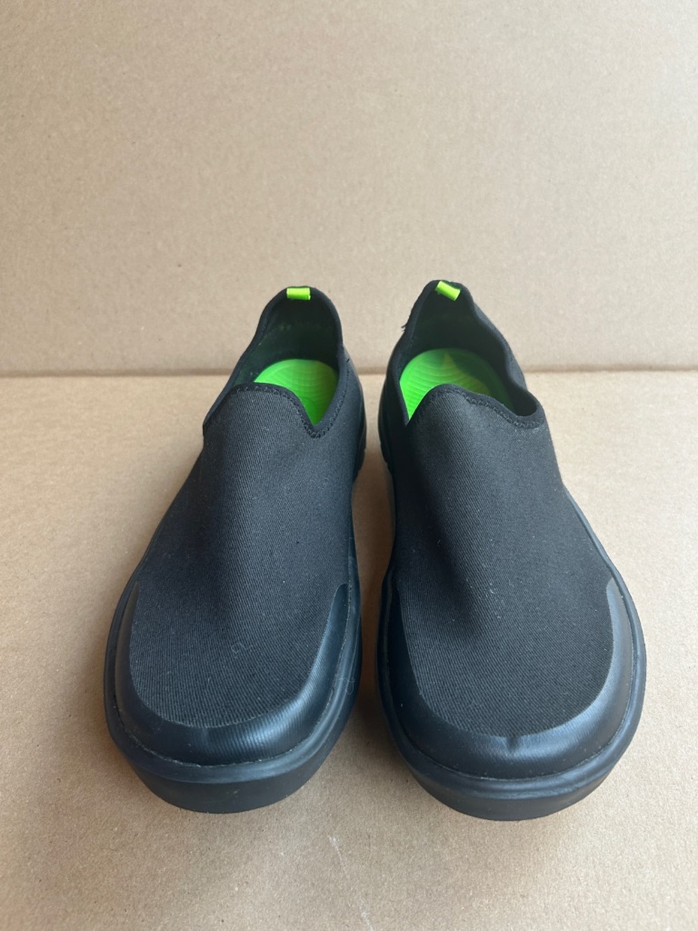 OOFOS Women's Black Slip-On Loafers with Neon Green Insole